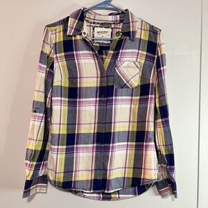 Arizona Jean Long Sleeve Womens Extra Small Yellow Blue Pink Plaid Snap Button